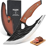 Huusk Japan Ulu Knife with Sheath - Christmas Gift for Men and Women - Hand Forged Caveman Ultimo Knife with Full Tang Wooden Handle - BBQ Knives for Vegetables, Fruit, Pizza - Gifts for Mom