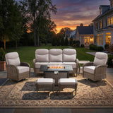 moosprr Luxury Patio Furniture Set with Fire Pit Table, Outdoor Furniture Set with High Back Swivel Chairs & 6-inch Thick Cushions, 7 PCS Fire Pit Patio Set for Yard, Deck, Poolside, Brown/Beige