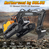 Double E Volvo 1:16 Scale Remote Control Excavator, 17 Channel 3-in-1 Construction Toy with Metal Shovel, Drill, Grab & Lights, 2.4GHz Full Function Digger for Outdoor Sandbox, Gift for Kids & Adults