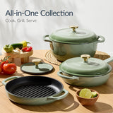 Best Choice Products Non-Stick Pot & Pan Cookware Set, Cast Iron, 2Qt Skillet W/Lid, 10" Grill Or Griddle Pan W/Press, 6Qt Enameled - Sage