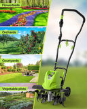 BUCOTOD 18-Inch 13.5 Amp Tiller/Cultivator with 6 Steel Tines, 3-Adjustable Wheels, Foldable Handle, 8'' Tilling Depth Electric Corded Tillers