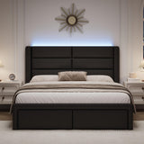 Queen Upholstered Bed Frame with Headboard and LED Lights, Modern Faux Leather Bed Frame with Wooden Slats Support and Heavy Duty Mattress Foundation, No Box Spring Needed, Easy Assembly, Black