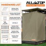 ALL-TOP Awning Shower Room w/Foldable Floor Mat, 3.3ft x 3.3ft, Privacy Shelter Restroom w/Roof, LED Light, Drain Pipe, Carside Bathroom
