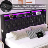 Keyluv Full Floating Bed Frame with LED Lights & Charging Station, Upholstered PU Leather Platform Bed with Button Tufted Storage Headboard, No Box Spring Needed, Noise-Free, Easy Assembly, Black
