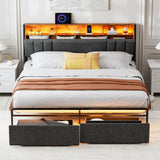 IKIFLY King Bed Frame with Dustproof Storage Drawers, Ergonomic Hidden Storage headboard with Charging Station, Upholstered LED King Platform Bed, No Box Spring Needed, Easy Assembly, Dark Grey