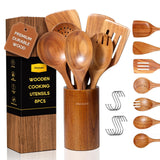 Wooden Spoons for Cooking, 8 PCS Teak Wood Cookware Utensil Set with Hooks - Smooth Finish, Non-Stick, Comfort Grip Cooking Spoons and Utensils Holder