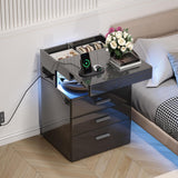 Treocho Led Nightstand with Hidden Space, Modern Night Stand with Charging Station, 3 Drawer Smart Nightstand with Glossy Finish, Tall Bedside Table with RGB Lights for Bedroom, Black
