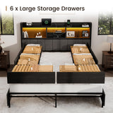 BRELTAM Queen Bed Frame with 6 Storage Drawers, Linen Upholstered Headboard, Built-in USB Charging Station & LED Lighting, Silent Metal Support, No Box Spring Needed, Vintage Black