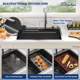 Sarlai 33 Inch Waterfall Kitchen Sink - 33x22 Black Waterfall Drop In Sink Workstation Stainless Steel 16 Gauge Smart Sinks Multifunction Single Bowl Top Mount Kitchen Sinks with Faucet Combo