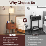 HNEBC Fluted nightstand Set 2 with - with 3-Color Lights and Lampshades,Modern Night Stand with Charging Station,LED Bedside Table with 2 Drawers,Tall Side Table for Bedroom,Walnut