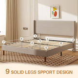King Size Linen Platform Bed Frame with Wingback Upholstered Headboard