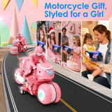 Remote Control Motorcycle for Girls with RGB Wheels Lights, RC Motorbike Toy, 360° Rotations, 55 Min Play, Stunt Motocross with Rider, 2.4Ghz RC Dirt Bike Birthday Xmas for Girls 4-12 (Pink)