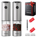 MaNhiBeiBei Electric Salt and Pepper Grinder Set One-hand Operated, Adjustable Coarseness, Stainless Steel body Ceramic Burrs,Pepper Shakers Mills with LED Light,House Warming Cooking Gift (2)