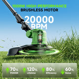 20000 RPM Brushless Battery Weed Wacker Cordless, 6000mAh Electric Weed Eater Battery Powered, Heavy Duty Brush Cutter Edger Lawn Tool/Weed Trimmer/Grass Trimmer W/Wheel Metal Blade, 2 Battery