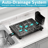 Dish Drying Rack - Space Saving Dish Rack - Dish Racks for Kitchen Counter with Drainboard,Rustproof Dish Drainer with Removable Utensil Holder, Black