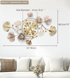 JXQXYN Clocks for Living Room, Large Wall Clock, 3D Silent Wall Clock, Retro Metal Ginkgo Leaf Design, for Bedroom Kitchen Decorative Wall Clocks（32''x18'' ）