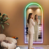Hasipu 78.7" x 35.4" Arch LED RGB Bluetooth Full Length Mirror with Stand ＆ 7 Color Lighting Modes, Full Body Mirror with White Frame for Bedroom, Living Room, Dressing Room