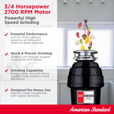 American Standard 10-US-AS-7 Garbage Disposal Anti-Jam Stainless Steel Food Waste Grinding System, Heavy Duty, 3/4 HP, Black