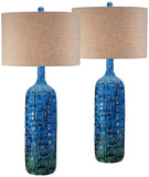 Possini Euro Design 36" Tall Large Mid Century Modern Farmhouse Rustic Coastal End Table Lamps Set of 2 Teal Blue Ceramic Living Room Bedroom Bedside Nightstand House Office Home Reading Tan Shade