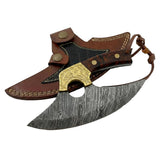Dessi Alaskan Ulu Knife Damascus Steel Rocker Blade for Chopping Mincing Slicing, Rose Burl Wood Handle Engraved Brass Bolster, Leather Sheath & Lanyard, Kitchen Mezzaluna Cutter SM145