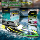 DEERC Fast RC Boat with LED Lights, 30+KM/H, High Speed Remote Control Racing Boat, Self-Righting, 2 Batteries, 24+ Mins, 2.4GHz Pool & Lake Toys for Kids & Adults