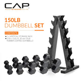 CAP 150 LB Rubber Coated Hex Dumbbell Hand Weight Set with Vertical Storage Rack | Black Handle