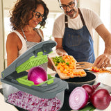 Ourokhome Vegetable Chopper Cutter with Container, Manual Hand Food Veggie Dicer with 2 Chopping Blades for Potato Strips (2 in 1, Gray)