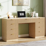 Vabches 59 Inch Fluted Computer Desk with 9 Drawers, Natural
