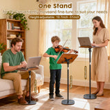 2 in 1 Dual-use Music Stand & Desktop Book Stand, Adjustable Height 16.5"-51", 100% Solid Wood Laptop Floor Stand Book Holder with Elastic Page Clips for Cookbooks (Black Walnut)