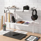 Clamp on Desk Shelf White, 2-Tier Office Desk Shelves Organizer, 17in Small Shelf for Top of Desk with Headphone Holder, Hooks, Desktop Storage Rack for Home Workspace, Study Rooms, Gaming Accessories