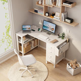 Lufeiya White L Shaped Computer Desk with Drawers & Storage Shelves, 47 Inch Corner Reversible Desk with Power Outlet for Home