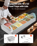 VEVOR Commercial Food Warmer, 1700W Electric Stainless Steel Steam Food Warmer with Glass Cover, 10-Pan Countertop Buffet Bain Marie with Soup & Perforated Ladles, for Catering, Restaurant & Party