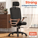 GABRYLLY Ergonomic Office Chair, High Back Home Desk Chair with Flip-Up Arms, 3D Headrest, 90-120° Tilt and Wide Cushion Seat, Big and Tall Computer Chairs for Man Woman, Mesh Chair Black Woodgrain
