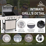 MFSTUDIO 4-Burner Propane Gas Grill, Stainless Steel BBQ Grill with Side Burner and Porcelain-Enameled Cast Iron Grates, High Heat Output Gas BBQ Grill