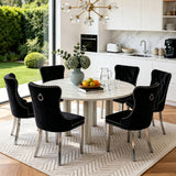 SSLine Faux Stone Round Dining Table Set for 6 w/Velvet Chair,Mars Pattern