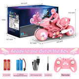 Remote Control Motorcycle for Girls with RGB Wheels Lights, RC Motorbike Toy, 360° Rotations, 55 Min Play, Stunt Motocross with Rider, 2.4Ghz RC Dirt Bike Birthday Xmas for Girls 4-12 (Pink)