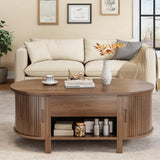 ONBRILL 43.3" Oval Lift Top Coffee Table with Hidden Compartment, Fluted Wood Coffee Table with Sliding Door, Mid-Century Modern Lift Tabletop Dining Table for Living Room, Home Office, Walnut