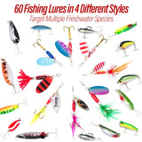 Dr.Fish 60 Pieces Fishing Lures Kit, 5 Tackle Box with Tackle Included, Fishing Spinner Lure Set Rooster Tail Lures Kits Trout Lures Freshwater Crappie Bass Walleye Bait Assorted Dr.Fish