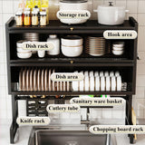 Diodceraic Over The Sink Dish Drying Rack Space-Saving 3 Tier with Cover Dish Rack with Dustproof Cover and Knife Holder Large Capacity Kitchen Organizer for Plates, Bowls, and Pots(Black,65cm)