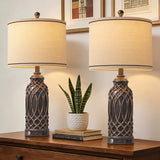 WIHTU Farmhouse Table Lamps Set of 2, Black-Gold Resin Table Lamps with USB Ports, Touch Button Switch, Woven Wicker Pattern, Linen Shade, Nightstand Lamp for Decor (2 Bulbs Included)