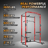 Power Cage with LAT Pulldown, Multi-Functional Power Rack with Cable Pulley System and J-Hooks, Squat Rack with Dip Bars and Landmine Attachment, Weight Cage (Black/Red)