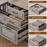 Executive Desk, 61" Farmhouse L Shaped Desk with File Drawers, Office Desk with Drawers and Power Outlets