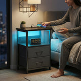 Fixwal Night Stand with Charging Station, LED Nightstand with U-S-B Ports and Outlets for Small Spaces, 2 Fabric Storage Drawers, Bedside Table End Tables Bedroom, Modern Black