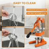 Jusfoouo Cast Iron Citrus Juicer - 13.8LB Heavy Duty Manual Orange Press, 304 Stainless Steel Cup & Strainer, Professional Lemon Grapefruit Pomegranate Squeezer for Home Bar Kitchen, Orange