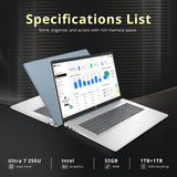 HP 17.3" HD+ Touchscreen Laptop, Intel Core Ultra 7 255U, 32GB DDR5, 2TB Storage(1TB SSD+1TB Docking Station Set), Intel Graphics, Backlit Keyboard, Num Pad, Webcam, WiFi 6, Win11 Pro, Moonlight Blue