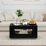 Vavkorkula 35" Wood Coffee Table for Living Room, Sides Storage with Transparent Legs, Minimalist Modern 2-Tier Storage Shelf Center Table for Home Office, Apartment, Black