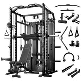 Mikolo Smith Machine with Weight Stack, Power Cage Home Gym System with LAT Pulldown & Cable Crossover, Multi-Functional Trainer with Dual Pulley System, Weight Bench, Cable attachments