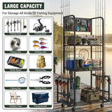 Fishing Rod Holders for Garage with Pegboard and Hooks, Fishing Pole Holders Up to 10 Rods, 3-Tier Anti-Drop Fishing Rod Storage Rack Cart with Lockable Wheels, Heavy-Duty Tackle Gear Organizer
