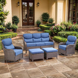 moosprr Luxury High Back Outdoor Furniture with 6-inch Extra Thick Cushions, Patio Furniture Set with Swivel Chairs, 5 PCS Wicker Conversation Set for Yard, Patio, Deck, Poolside, Brown/Blue