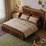 Homkdom Queen Bed Frame with 2 Drawers and Mid-Century Wooden Wavy Panel Headboard,Charging Station&LED Lights,Heavy Duty Steel,Noise-Free,No Box Spring Needed,Easy Assembly,Walnut